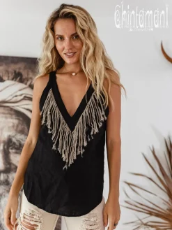 Chintamani Alchemistry Backless Linen Top / Black^ Tank Top