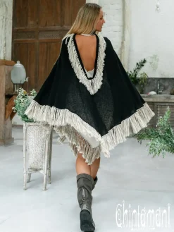 Chintamani Alchemistry Fringed Cotton Poncho / Black^ Kimono & Cover Up