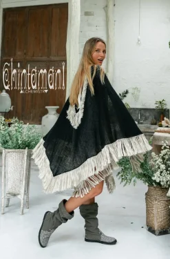 Chintamani Alchemistry Fringed Cotton Poncho / Black^ Kimono & Cover Up