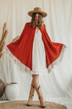 Chintamani Alchemistry Fringed Cotton Poncho / Red Ochre^ Kimono & Cover Up