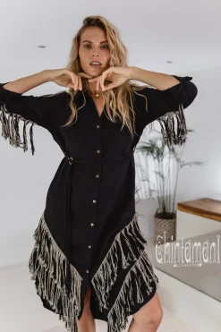 Chintamani Alchemistry Fringe Linen Mini Dress / Black^ Shirt Dress|Mini & Midi Dress