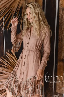 Chintamani Alchemistry Fringe Linen Mini Dress / Dusty Pink^ Shirt Dress|Mini & Midi Dress