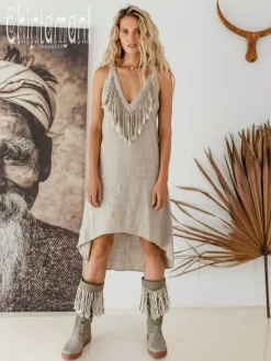 Chintamani Alchemistry Fringe Linen Mini Dress / Natural Grey^ Mini & Midi Dress