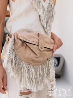 Chintamani Alchemistry Fringy Banana Bag / Beige^ Canvas Hip Bags
