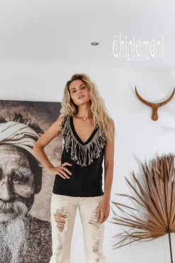 Chintamani Alchemistry Fringy Linen Top / Black^ Tank Top