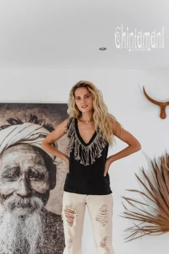 Chintamani Alchemistry Fringy Linen Top / Black^ Tank Top
