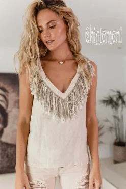 Chintamani Alchemistry Fringy Linen Top / Cream^ Tank Top
