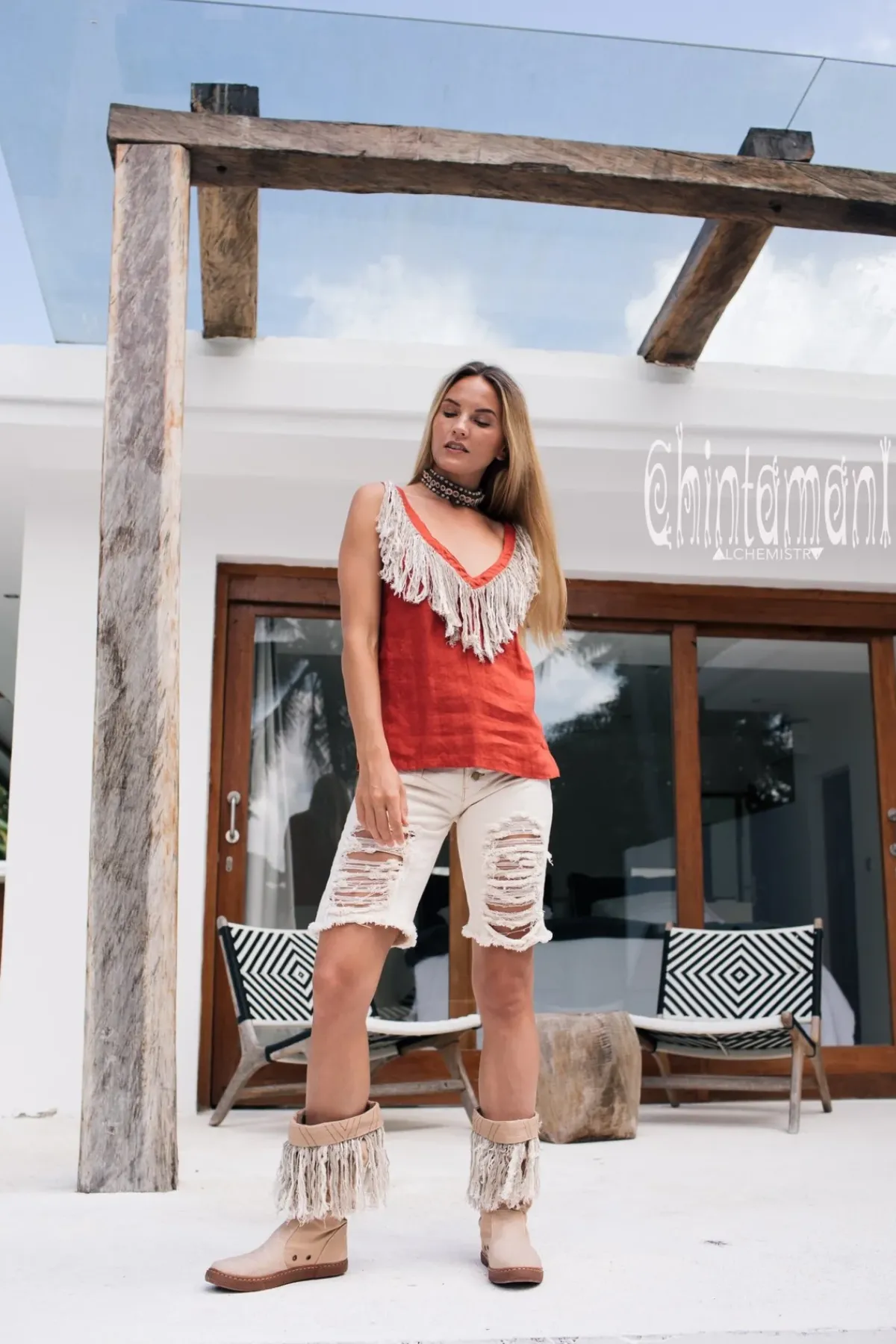 Chintamani Alchemistry Fringy Linen Top / Red Ochre^ Tank Top