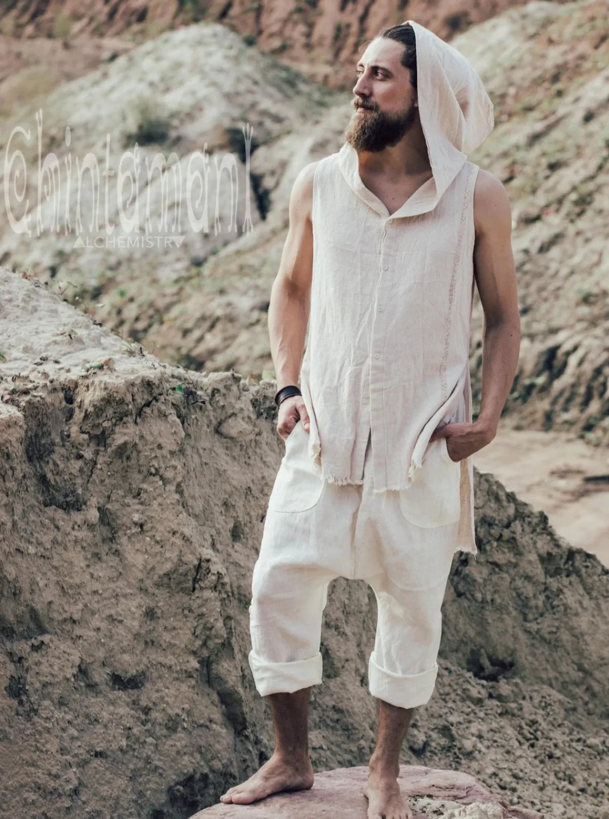 Chintamani Alchemistry Hooded Ripped Shirt / Off White^ Button Shirt