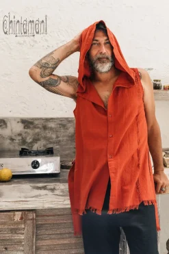 Chintamani Alchemistry Hooded Ripped Shirt / Red Ochre^ Button Shirt