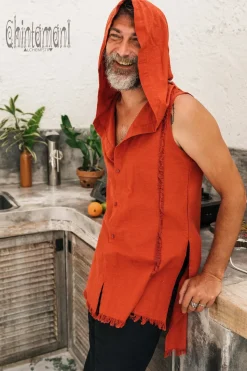 Chintamani Alchemistry Hooded Ripped Shirt / Red Ochre^ Button Shirt