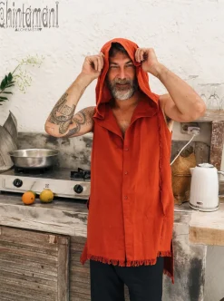 Chintamani Alchemistry Hooded Ripped Shirt / Red Ochre^ Button Shirt
