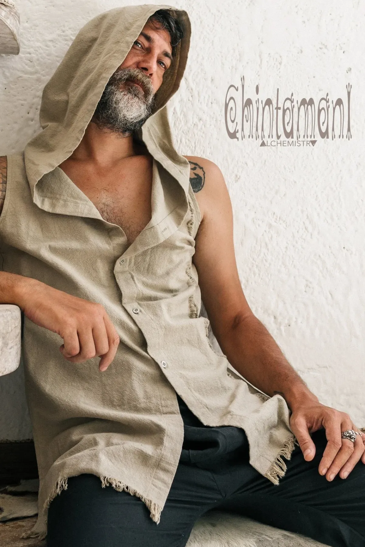 Chintamani Alchemistry Hooded Ripped Shirt / Sage Green^ Button Shirt