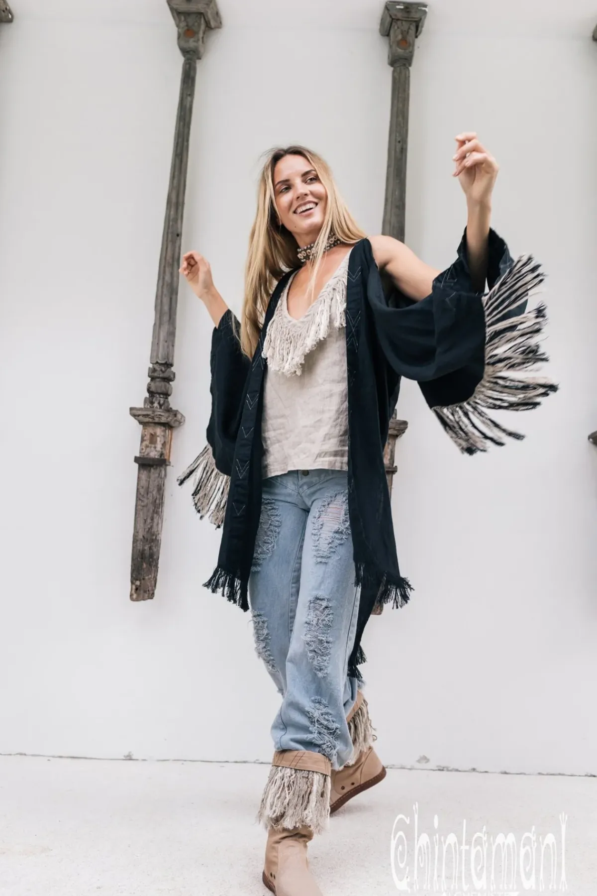 Chintamani Alchemistry Linen Fringed Kimono / Black^ Kimono & Cover Up