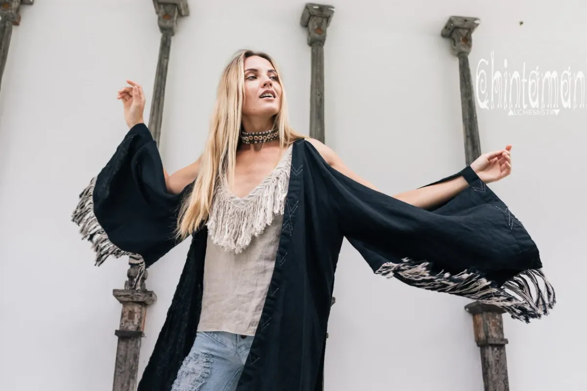 Chintamani Alchemistry Linen Fringed Kimono / Black^ Kimono & Cover Up