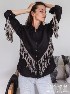 Chintamani Alchemistry Linen Fringe Shirt / Black^ Button Shirt