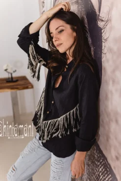 Chintamani Alchemistry Linen Fringe Shirt / Black^ Button Shirt