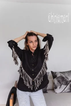 Chintamani Alchemistry Linen Fringe Shirt / Black^ Button Shirt