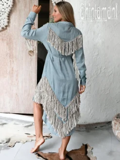 Chintamani Alchemistry Linen Fringe Shirt Dress / Light Blue^ Shirt Dress|Mini & Midi Dress