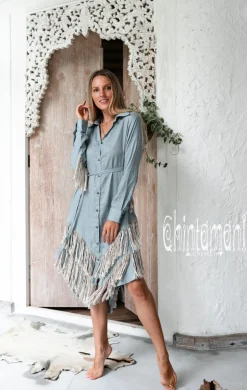 Chintamani Alchemistry Linen Fringe Shirt Dress / Light Blue^ Shirt Dress|Mini & Midi Dress