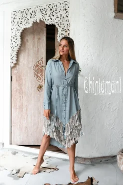 Chintamani Alchemistry Linen Fringe Shirt Dress / Light Blue^ Shirt Dress|Mini & Midi Dress