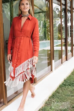 Chintamani Alchemistry Linen Fringe Shirt Dress / Red Ochre^ Shirt Dress|Mini & Midi Dress