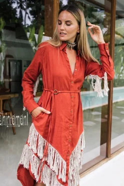 Chintamani Alchemistry Linen Fringe Shirt Dress / Red Ochre^ Shirt Dress|Mini & Midi Dress