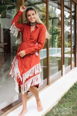 Chintamani Alchemistry Linen Fringe Shirt Dress / Red Ochre^ Shirt Dress|Mini & Midi Dress