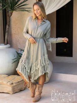 Chintamani Alchemistry Linen Fringe Shirt Dress / Sage Green^ Shirt Dress|Mini & Midi Dress
