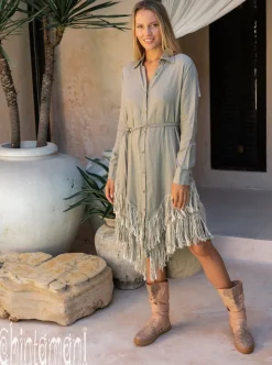 Chintamani Alchemistry Linen Fringe Shirt Dress / Sage Green^ Shirt Dress|Mini & Midi Dress