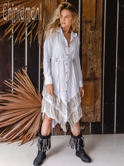 Chintamani Alchemistry Linen Fringe Shirt Dress / White^ Shirt Dress|Mini & Midi Dress