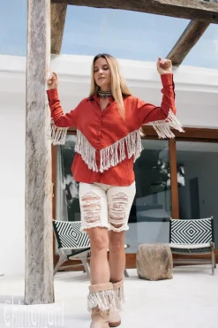 Chintamani Alchemistry Linen Fringe Shirt / Red Ochre^ Button Shirt