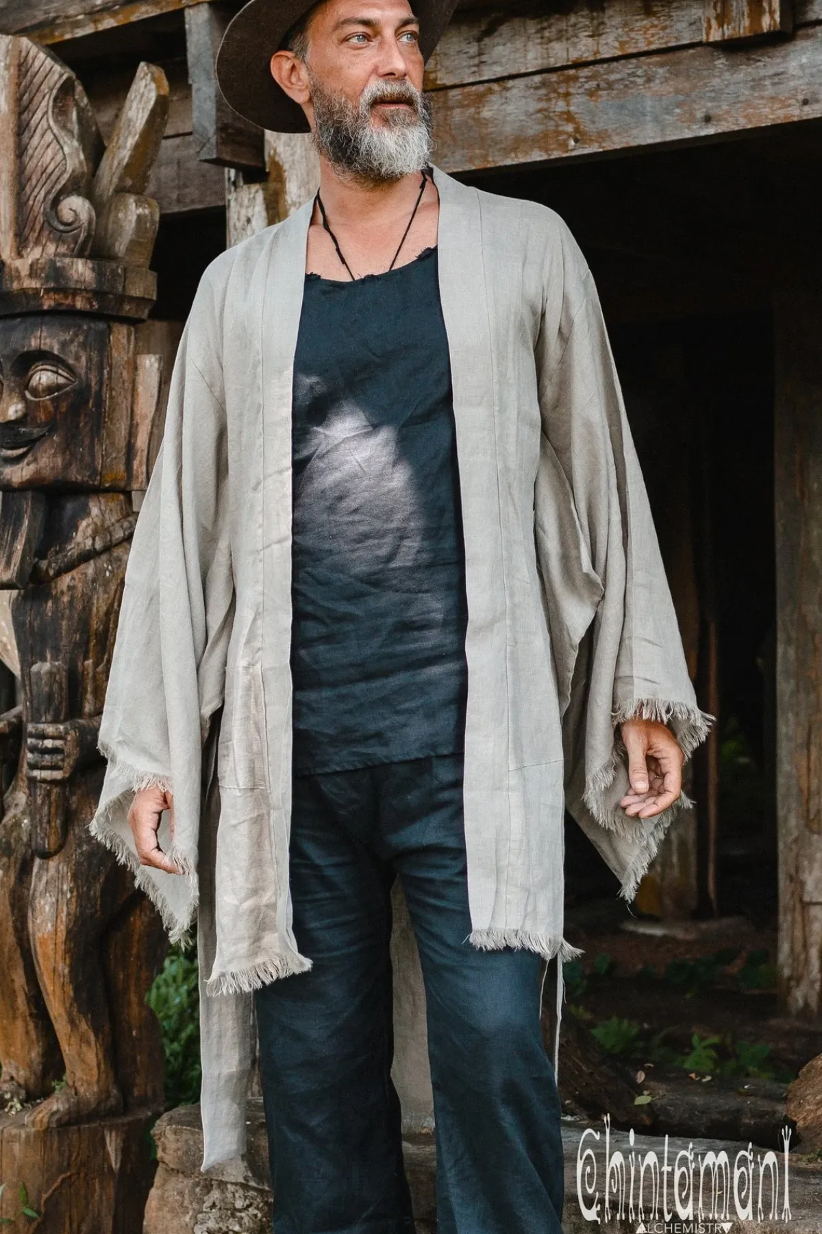 Chintamani Alchemistry Men's Linen Kimono / Sage Green^ Kimono & Coat
