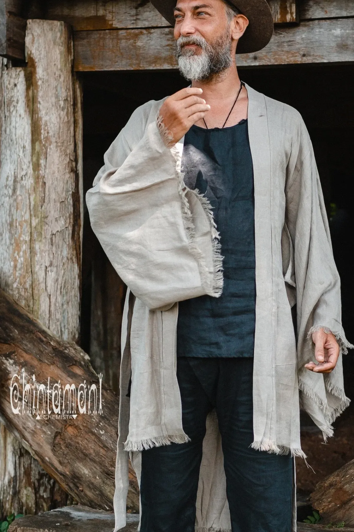 Chintamani Alchemistry Men's Linen Kimono / Sage Green^ Kimono & Coat